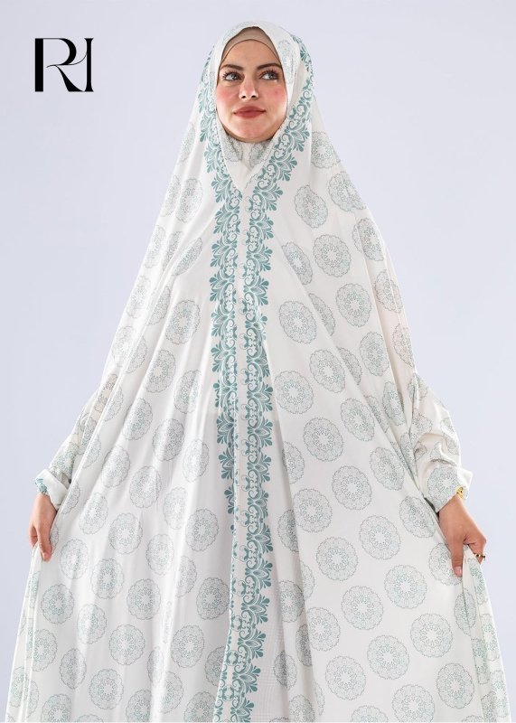 Elegant Floral Satin Prayer Gown Extended Coverage - Ruehaya