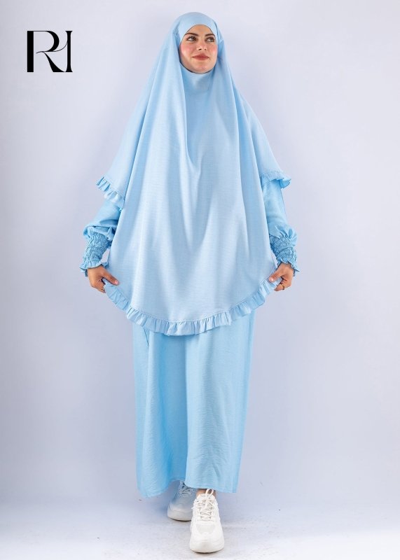 Elegant Light Blue Two Piece Prayer Set with Ruffles - Ruehaya