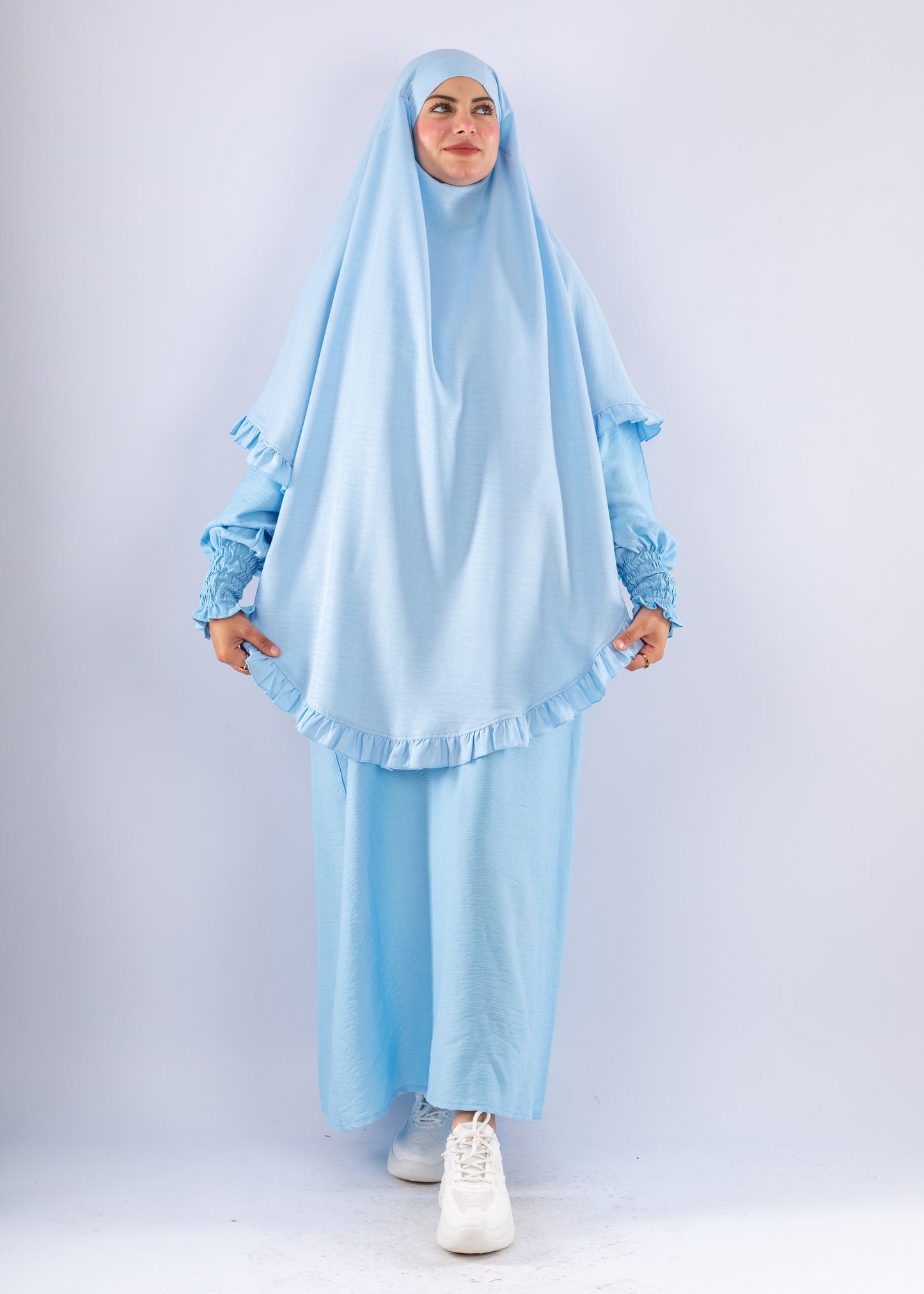 Elegant Light Blue Two Piece Prayer Set with Ruffles - Ruehaya