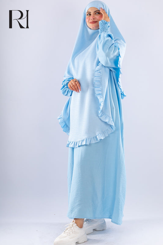 Elegant Light Blue Two Piece Prayer Set with Ruffles - Ruehaya
