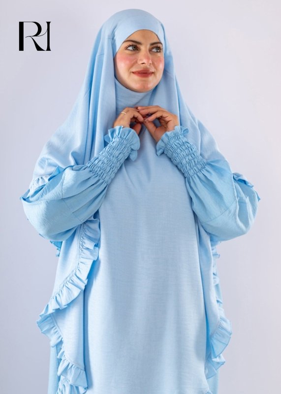 Elegant Light Blue Two Piece Prayer Set with Ruffles - Ruehaya