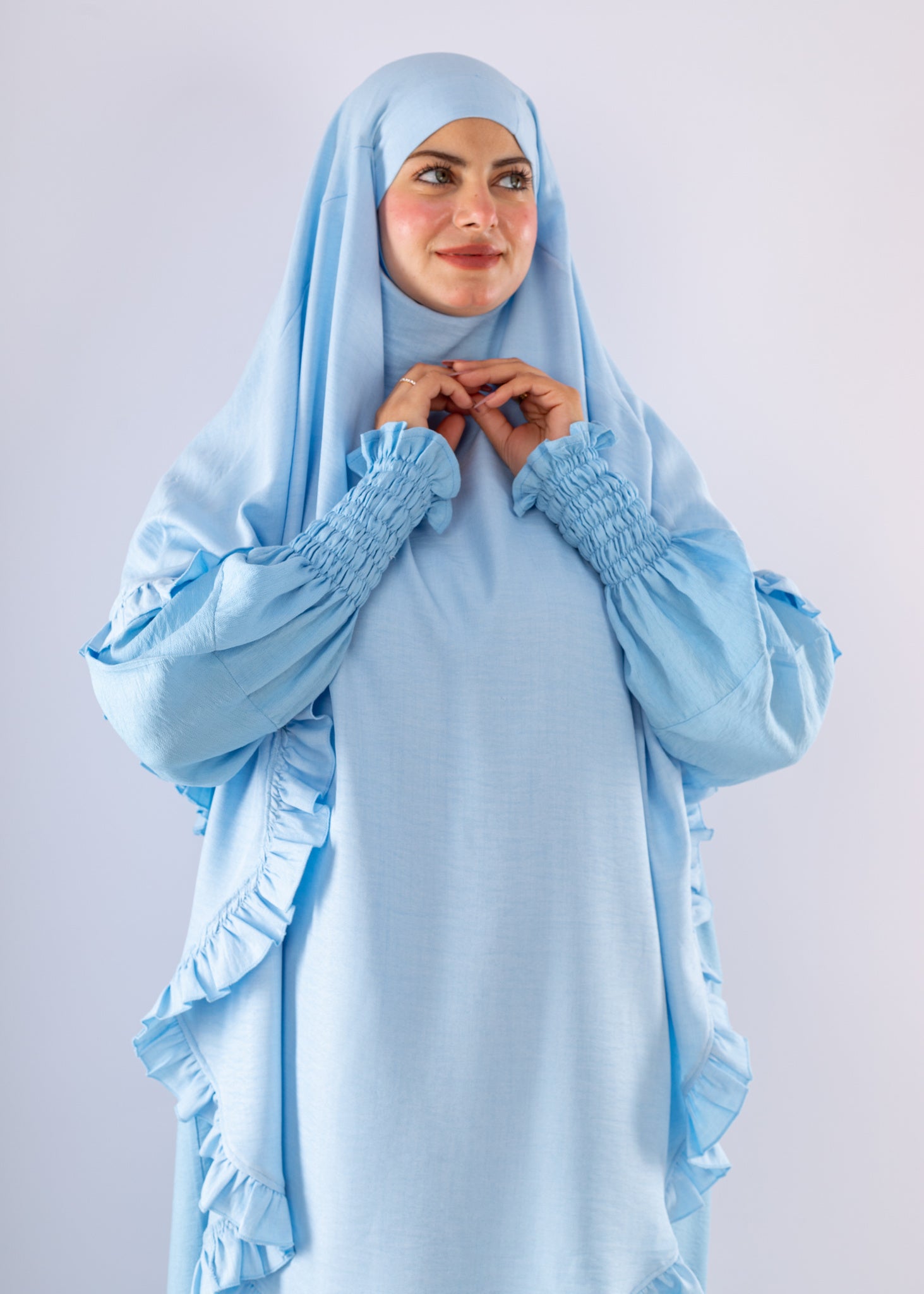 Elegant Light Blue Two Piece Prayer Set with Ruffles - Ruehaya