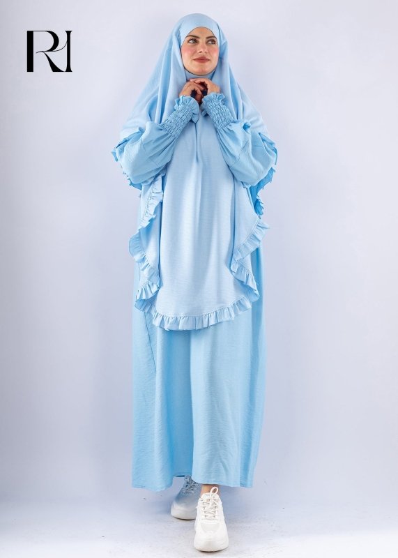 Elegant Light Blue Two Piece Prayer Set with Ruffles - Ruehaya
