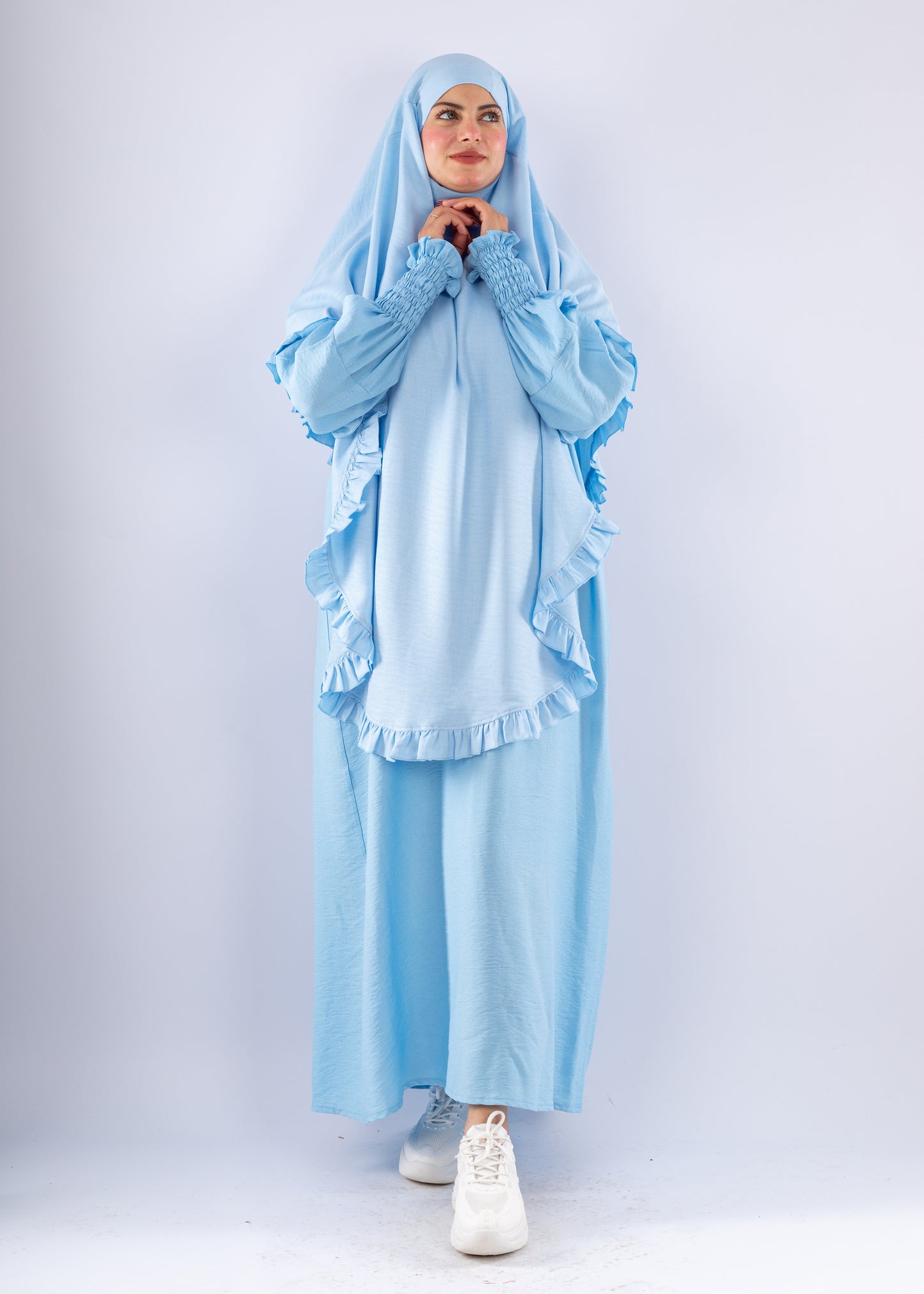 Elegant Light Blue Two Piece Prayer Set with Ruffles - Ruehaya