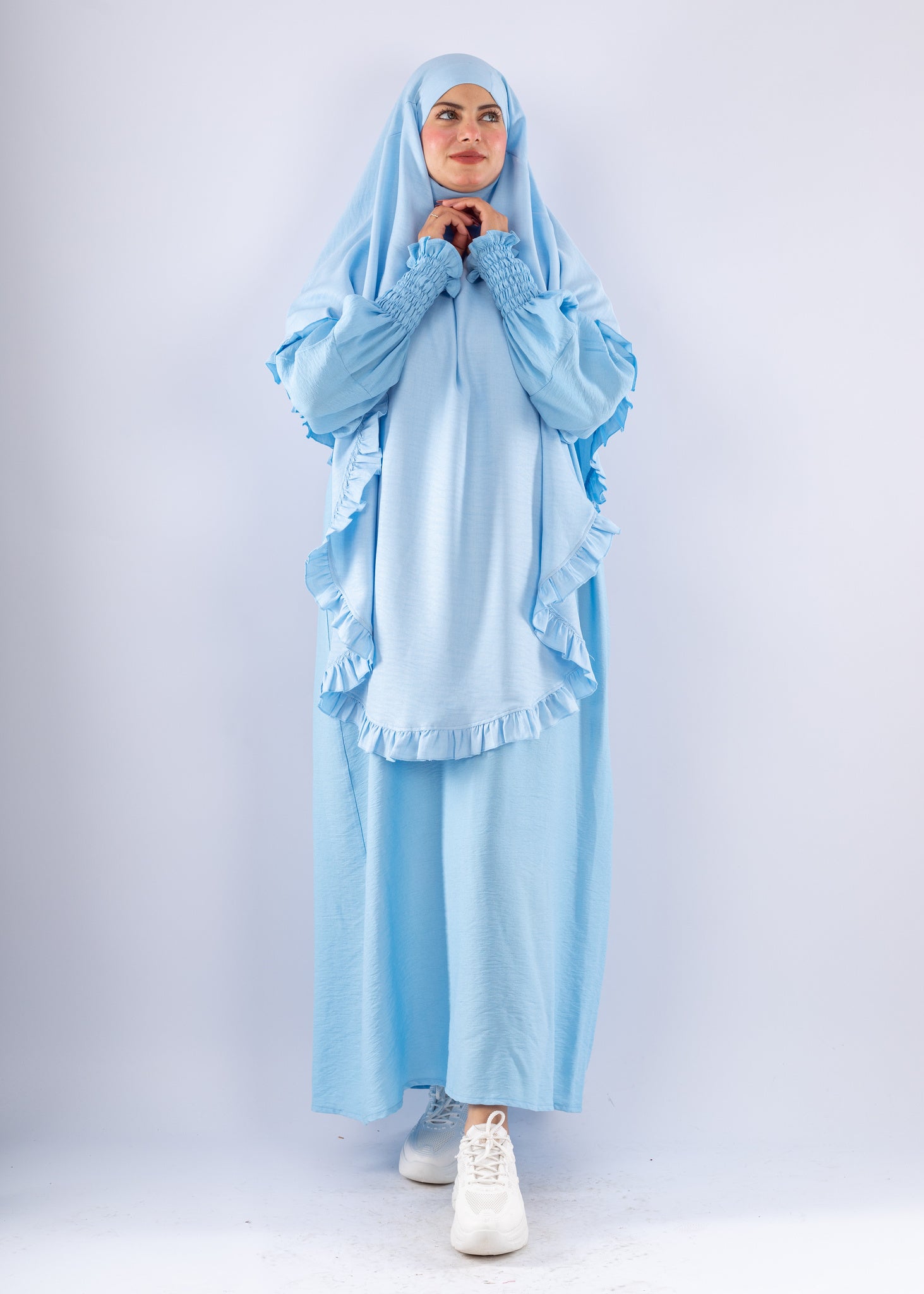 Elegant Light Blue Two Piece Prayer Set with Ruffles - Ruehaya