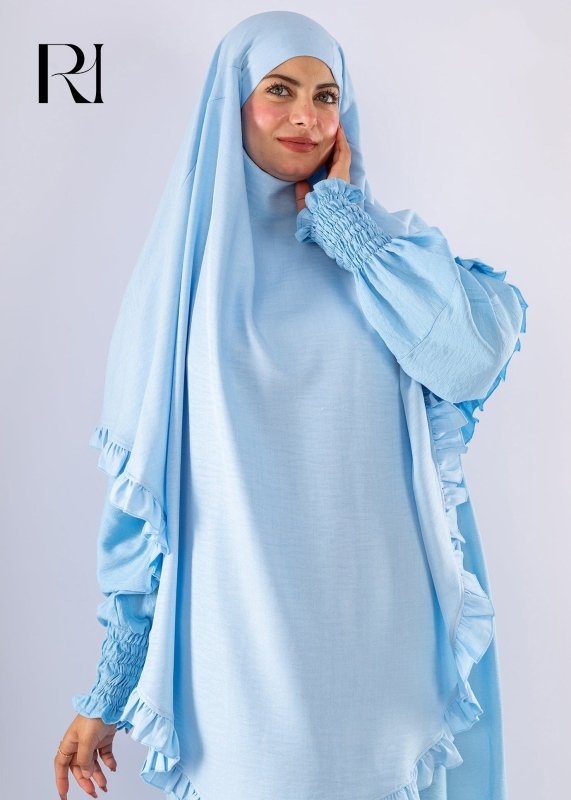 Elegant Light Blue Two Piece Prayer Set with Ruffles - Ruehaya