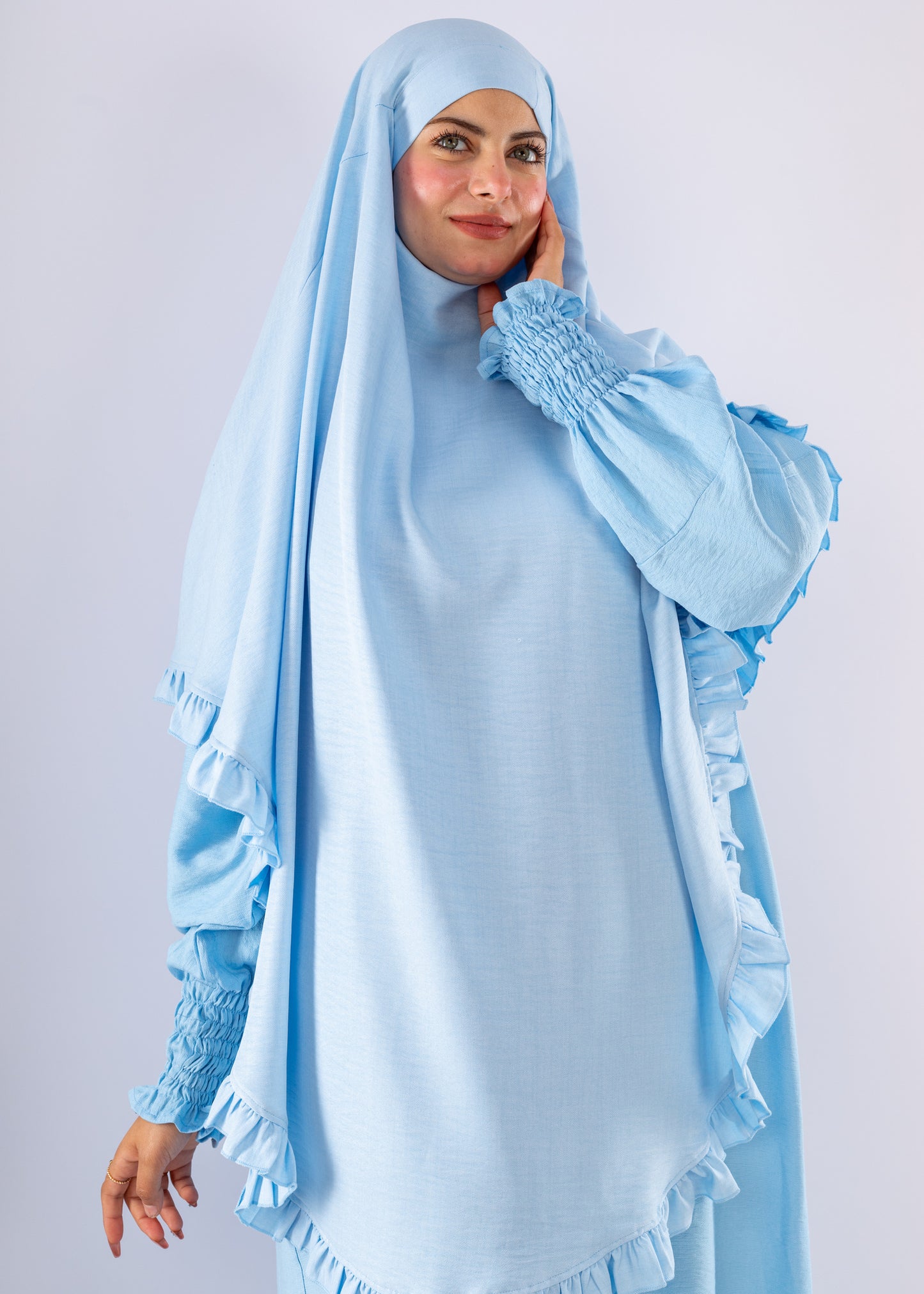 Elegant Light Blue Two Piece Prayer Set with Ruffles - Ruehaya