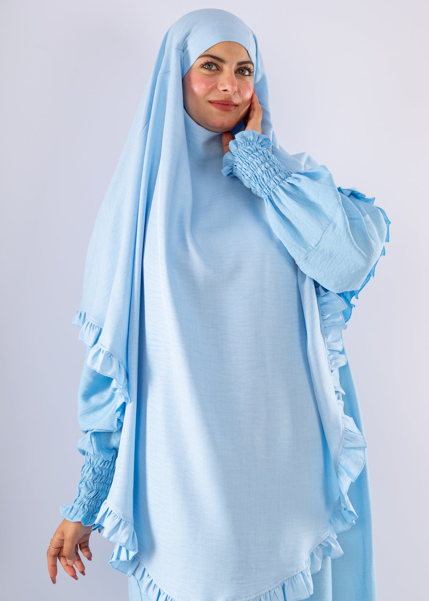 Elegant Light Blue Two Piece Prayer Set with Ruffles - Ruehaya