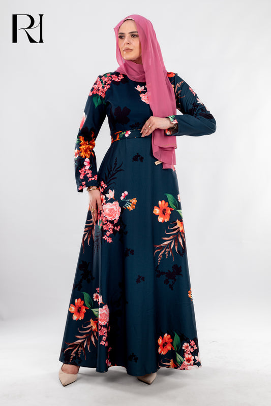 Elegant modest Floral Satin Maxi Dress with detachable belt - Ruehaya