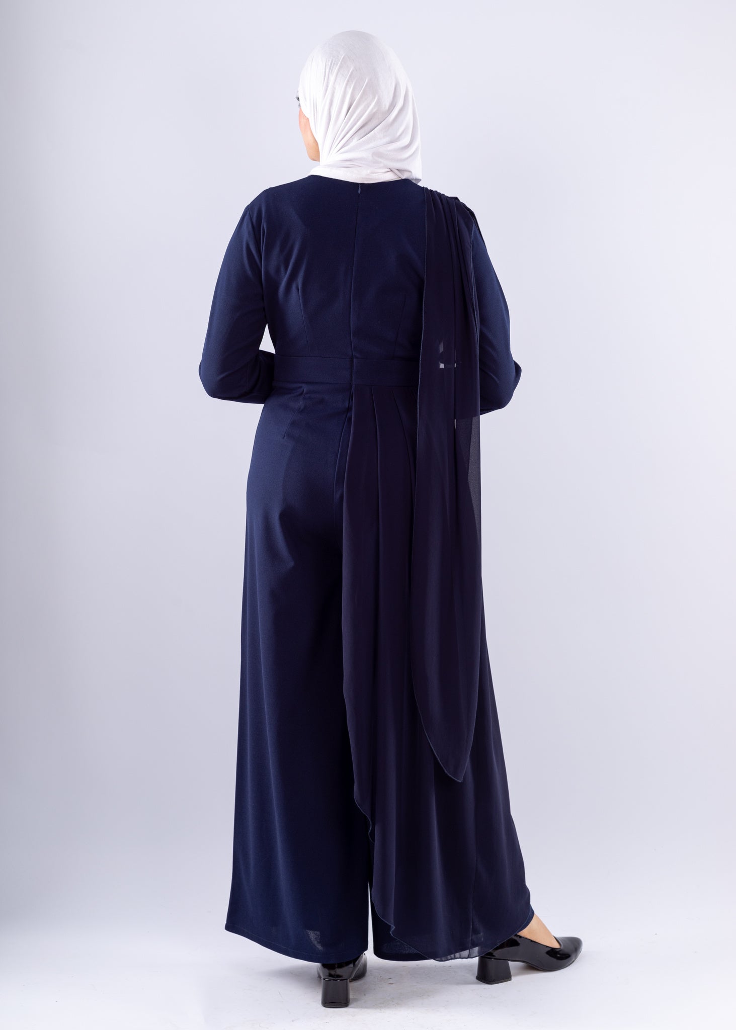 Elegant Navy Blue Modest Jumpsuit with Chiffon Overlay - Ruehaya