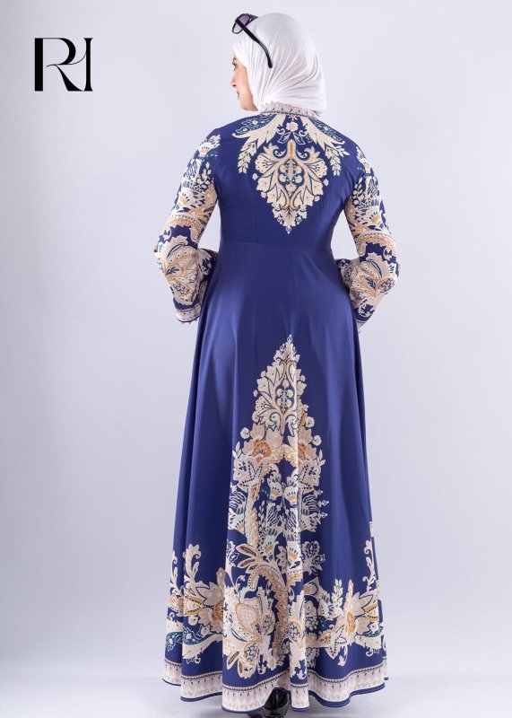 Elegant Royal Blue Floral Satin Modest Dress - Ruehaya