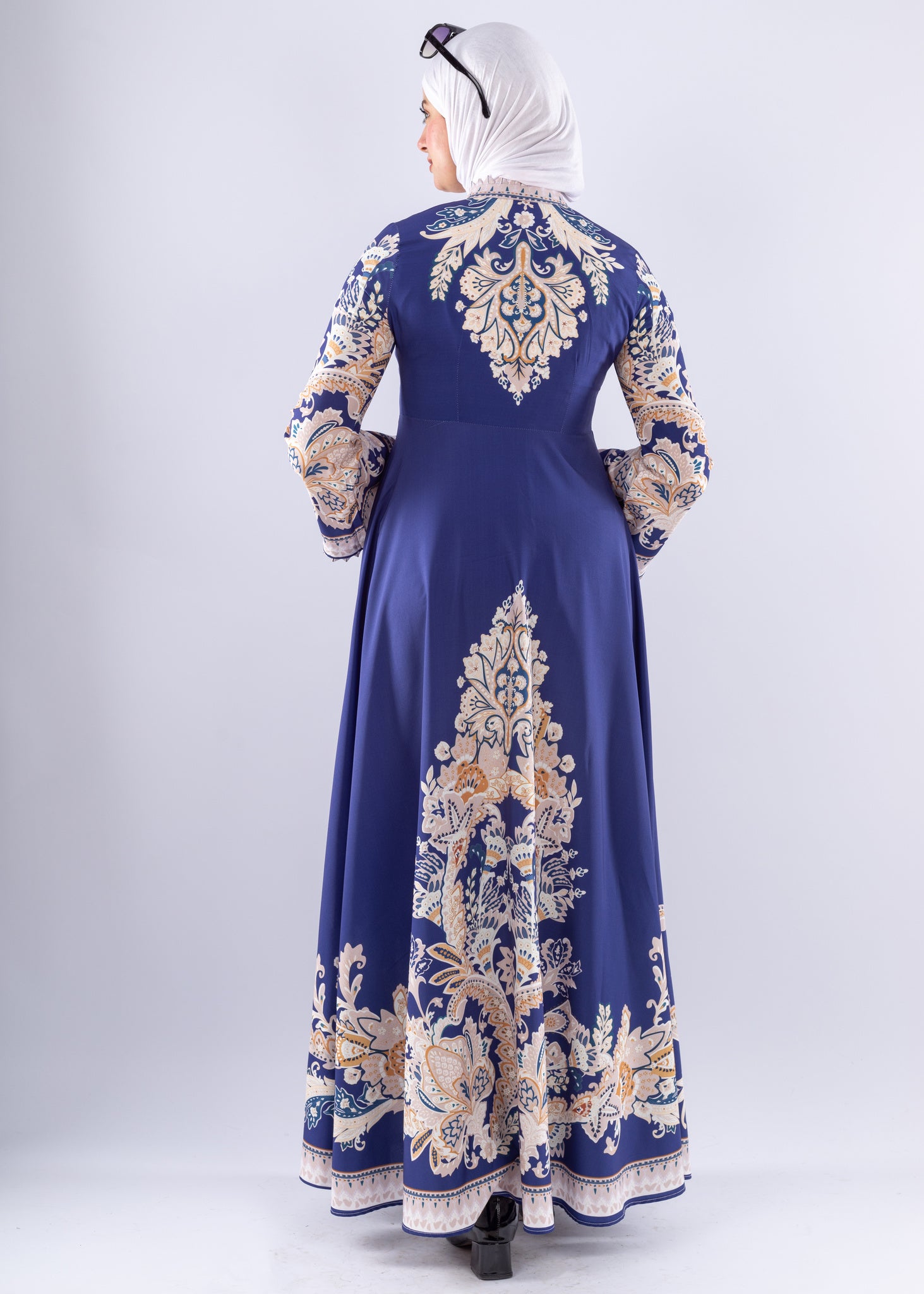 Elegant Royal Blue Floral Satin Modest Dress - Ruehaya