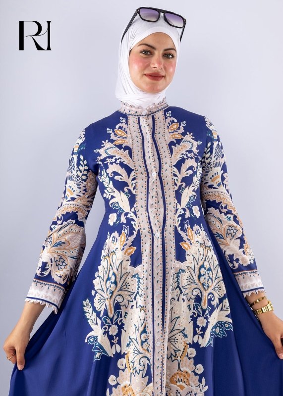Elegant Royal Blue Floral Satin Modest Dress - Ruehaya