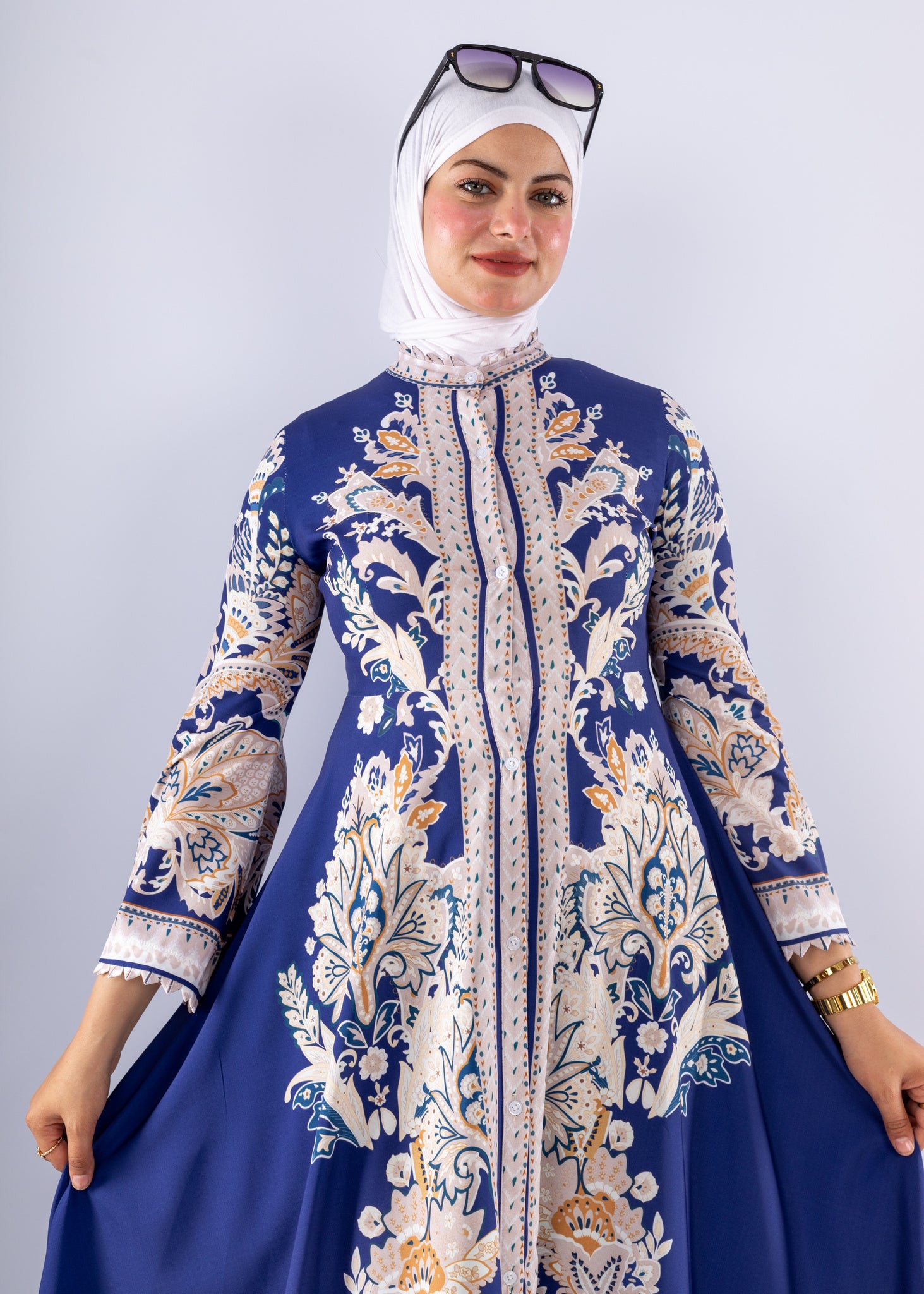 Elegant Royal Blue Floral Satin Modest Dress - Ruehaya