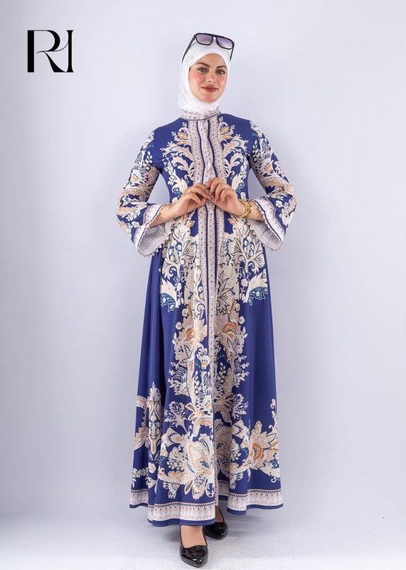 Elegant Royal Blue Floral Satin Modest Dress - Ruehaya