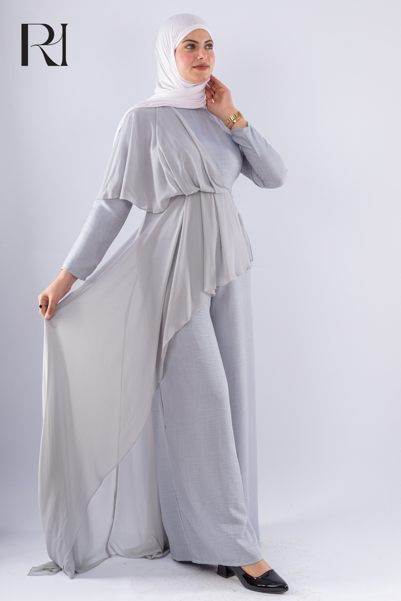 Elegant Wide Leg Jumpsuit with Chiffon Skirt Overlay - Ruehaya