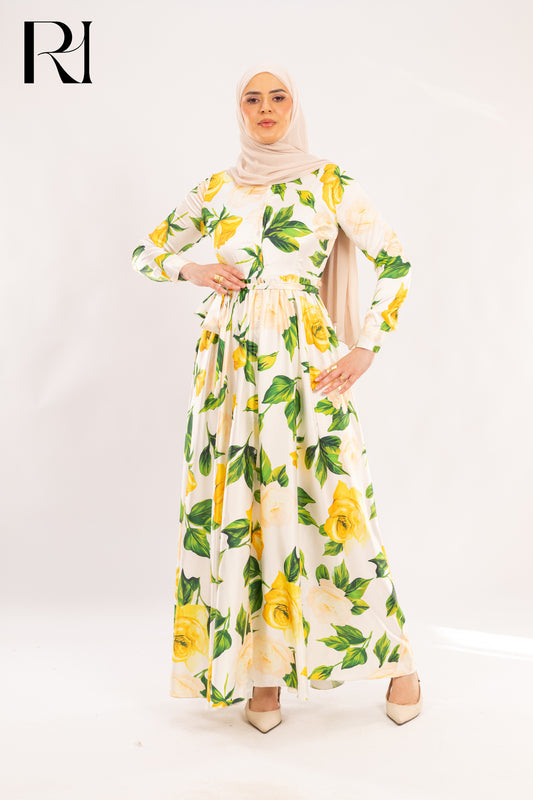 Elena Lemon Rose Garden Print Maxi Dress - Ruehaya