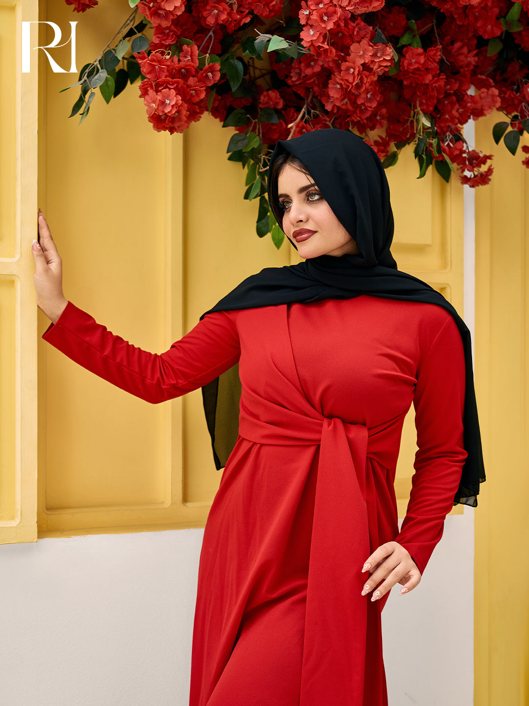 Red Asymmetrical Tunic with Black Pants