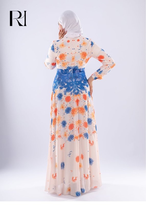 Farah Floral Print Maxi Dress with Blue Accents - Ruehaya