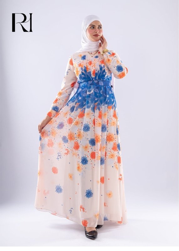 Farah Floral Print Maxi Dress with Blue Accents - Ruehaya
