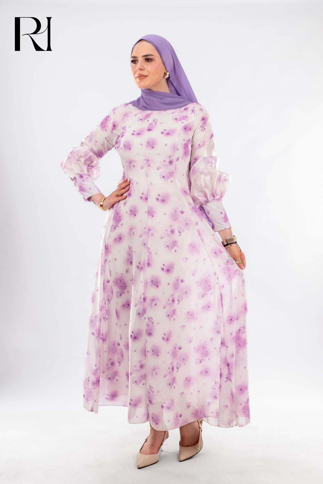 Fatima Floral Chiffon Maxi Dress with High Neck - Ruehaya