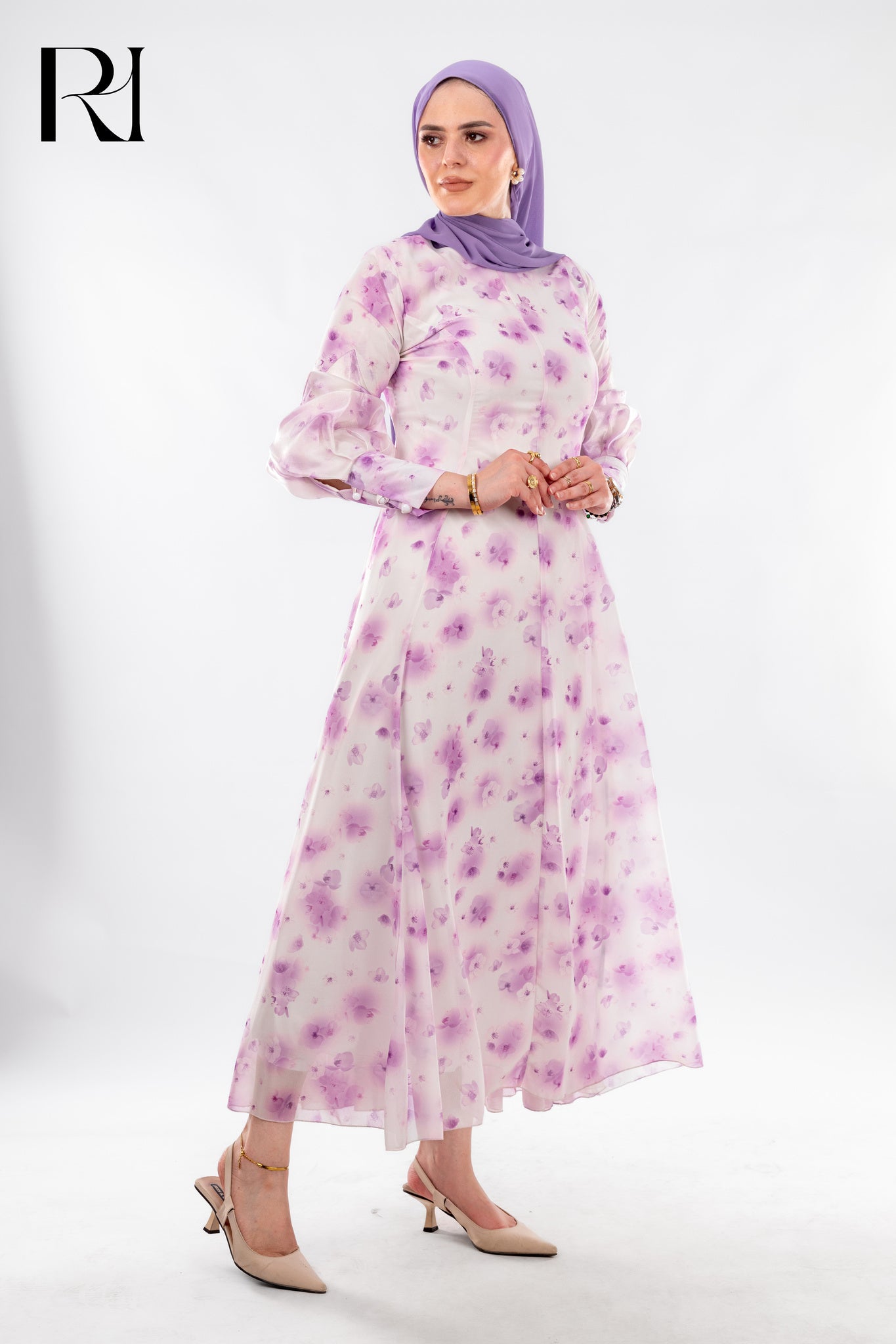 Fatima Floral Chiffon Maxi Dress with High Neck - Ruehaya