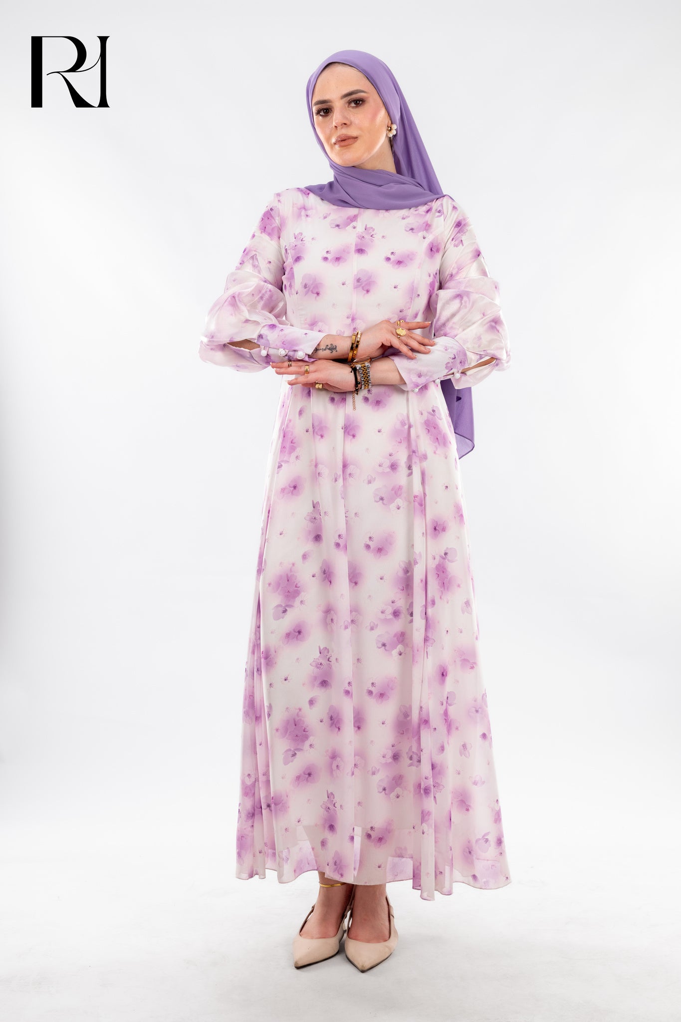 Fatima Floral Chiffon Maxi Dress with High Neck - Ruehaya