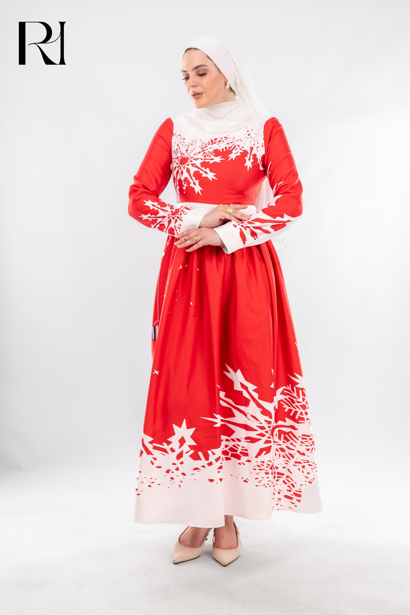 christmas dress modest Raneem Satin Touch Festive Maxi Dress – Scarlet Red & White