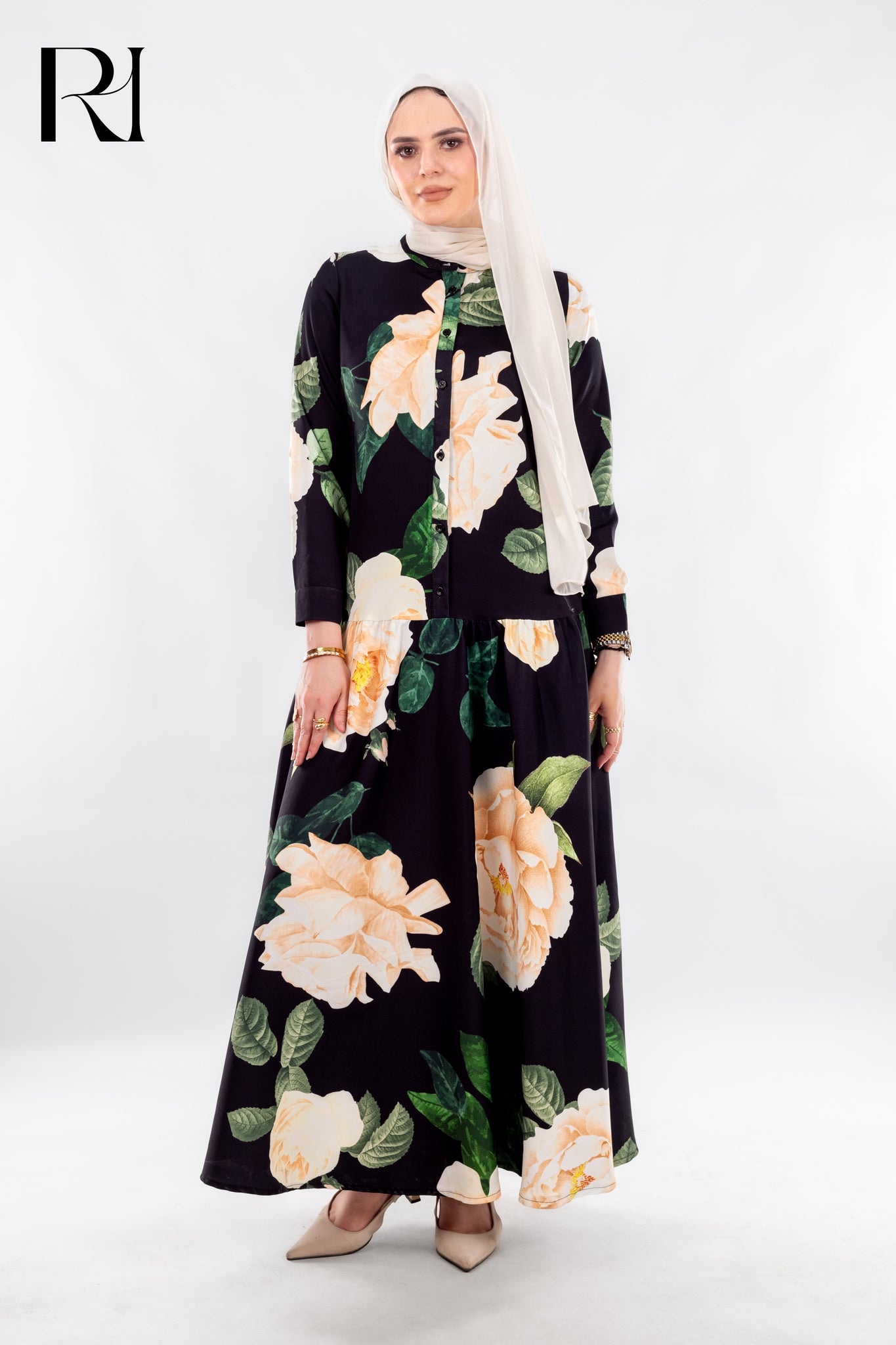 Floral Elegance by Rue Haya – Modest Black Maxi Dress with Blooming Print - Ruehaya