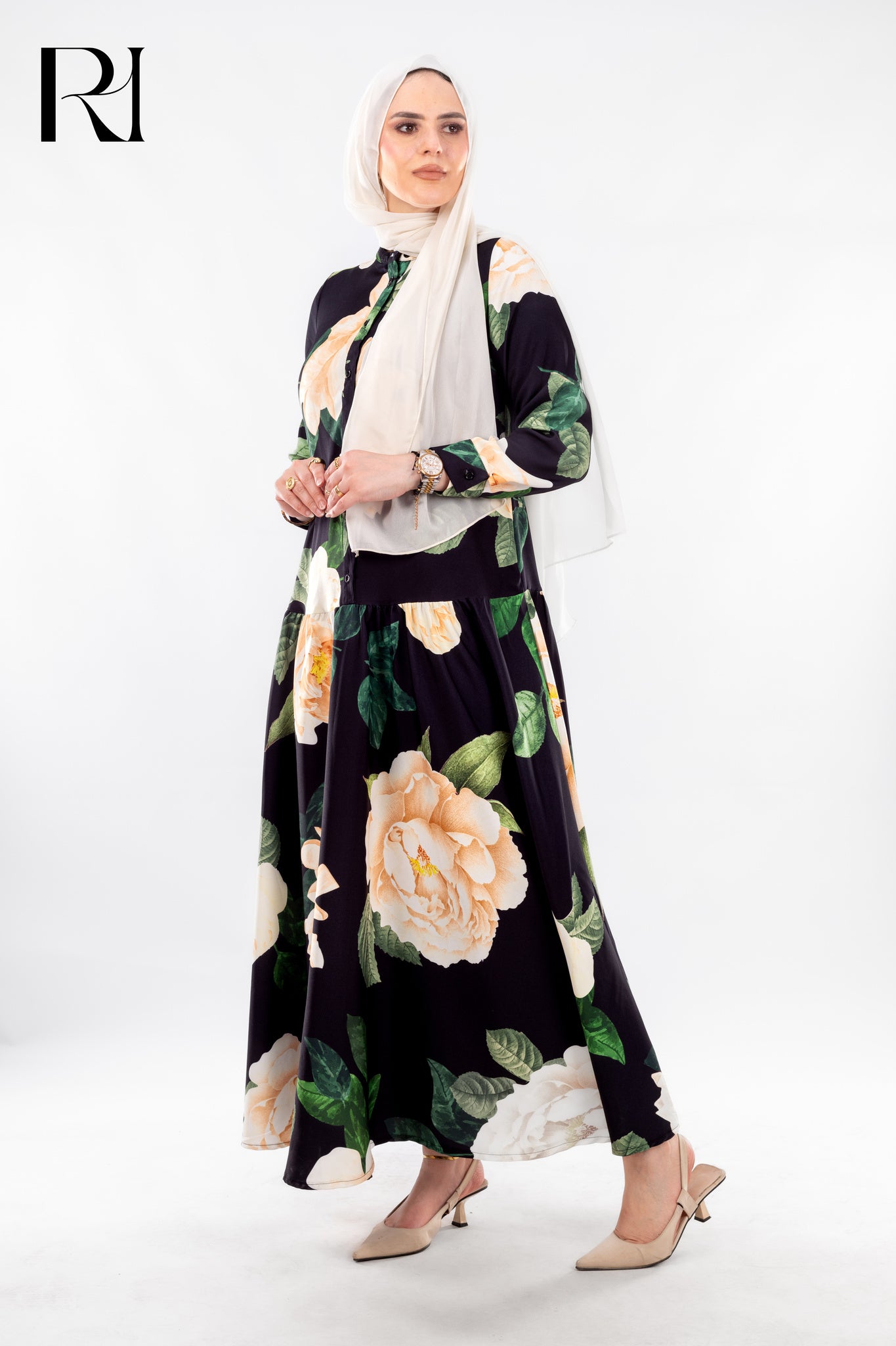 Floral Elegance by Rue Haya – Modest Black Maxi Dress with Blooming Print - Ruehaya