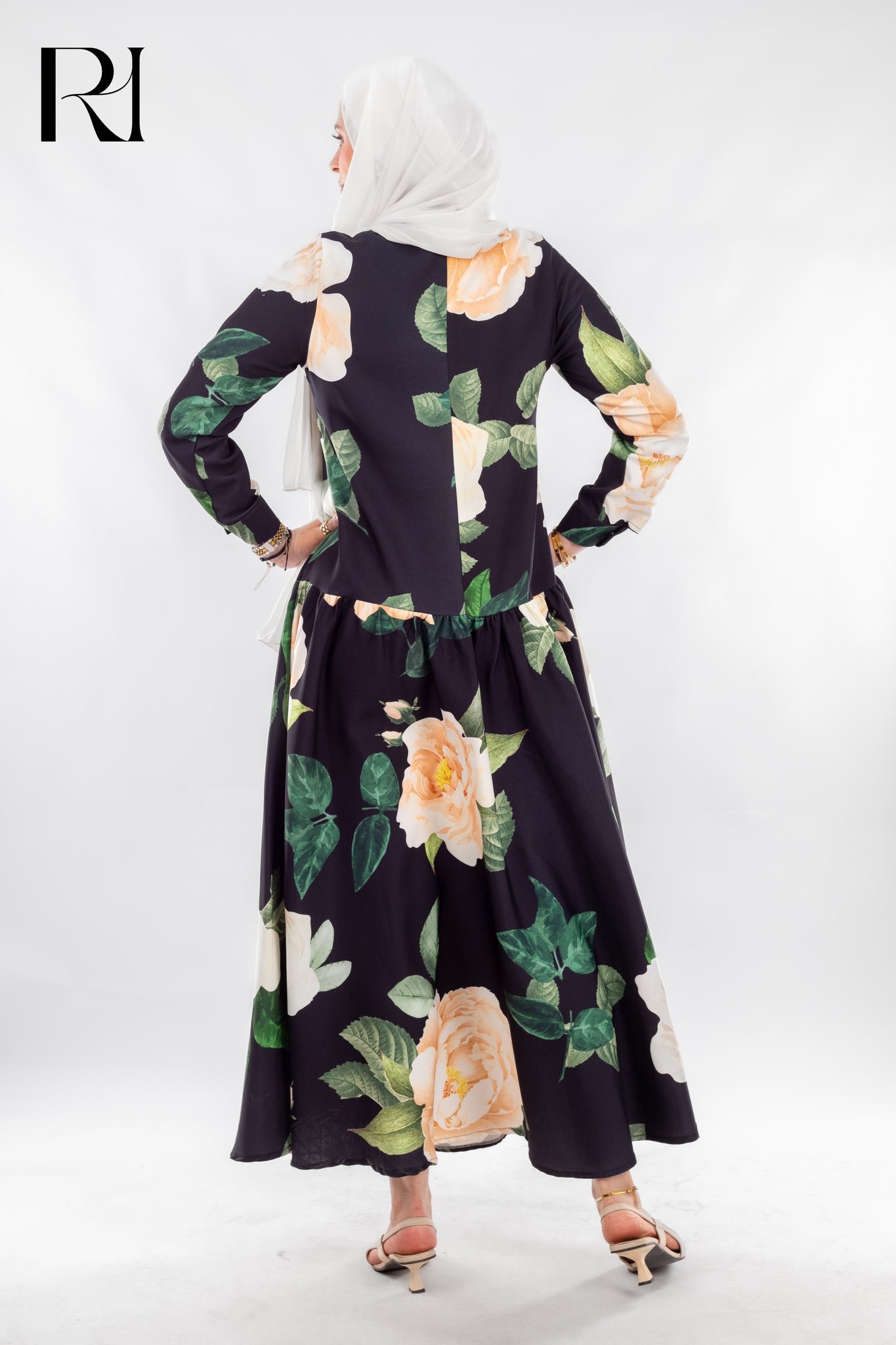 Floral Elegance by Rue Haya – Modest Black Maxi Dress with Blooming Print - Ruehaya