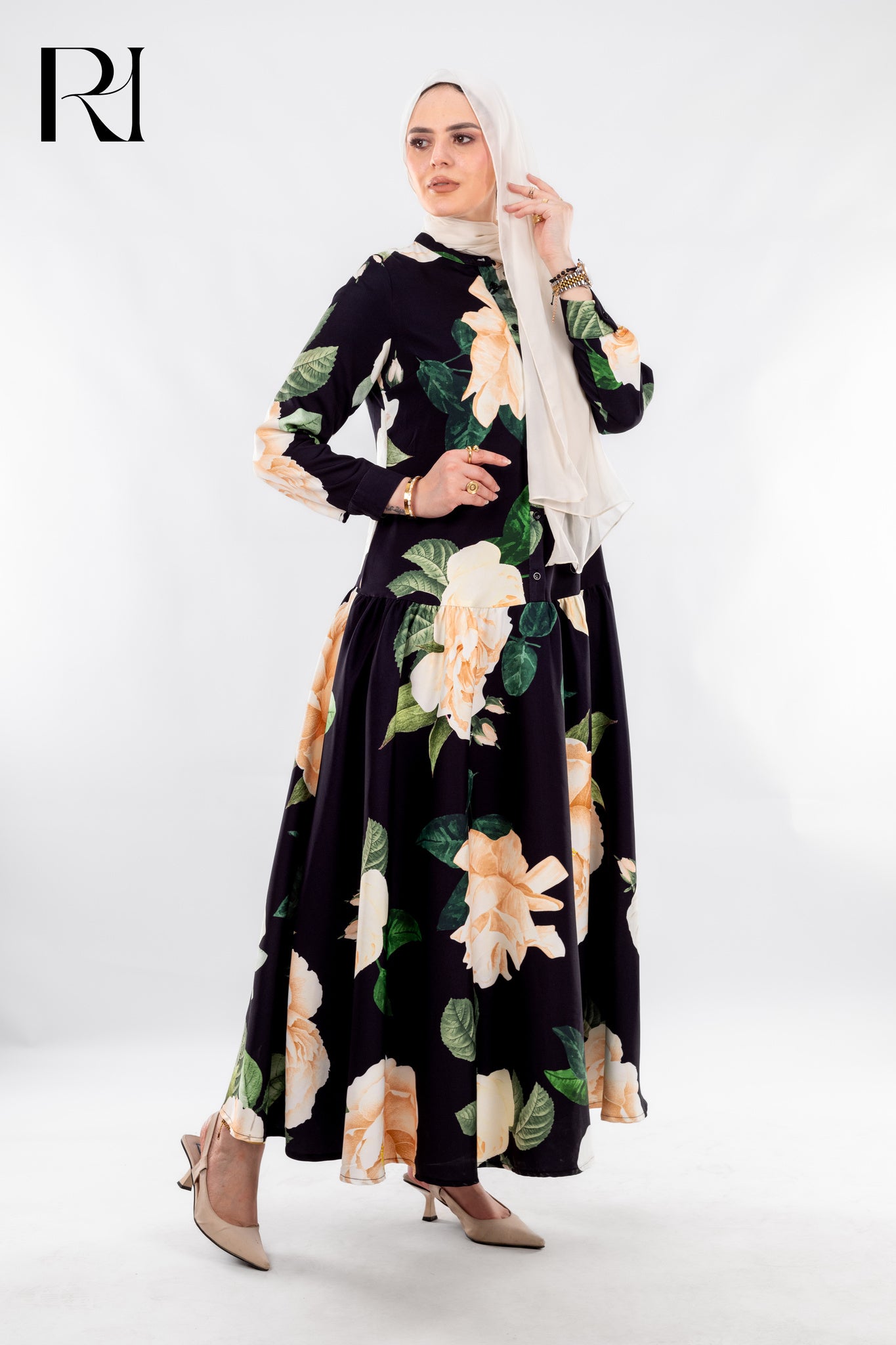 Floral Elegance by Rue Haya – Modest Black Maxi Dress with Blooming Print - Ruehaya
