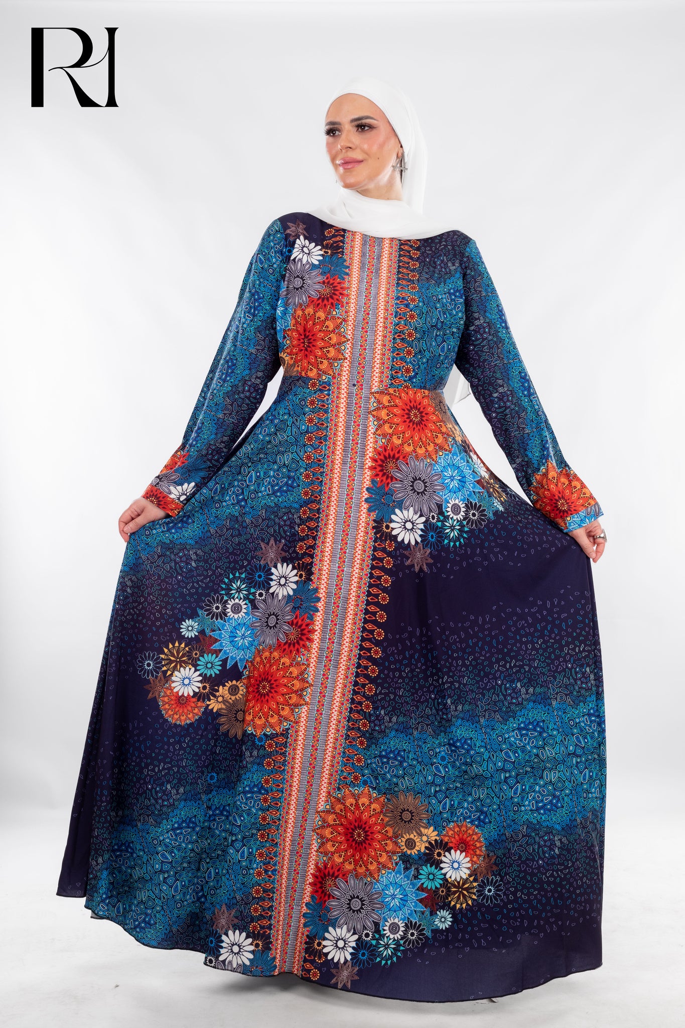 Floral Mosaic Maxi in Midnight Blue & Fiery Accents - Ruehaya