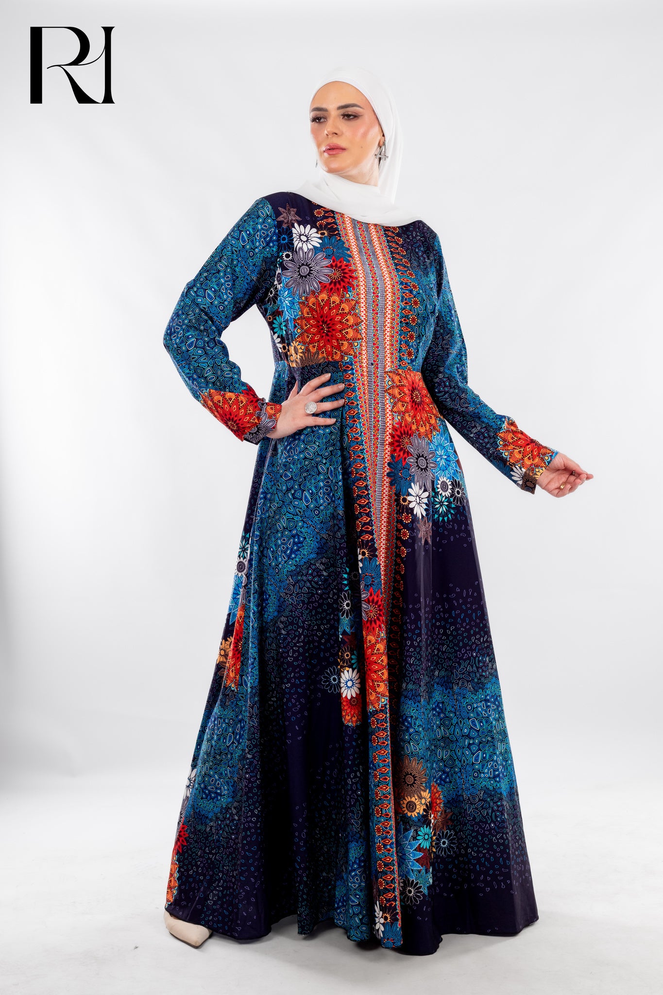 Floral Mosaic Maxi in Midnight Blue & Fiery Accents - Ruehaya