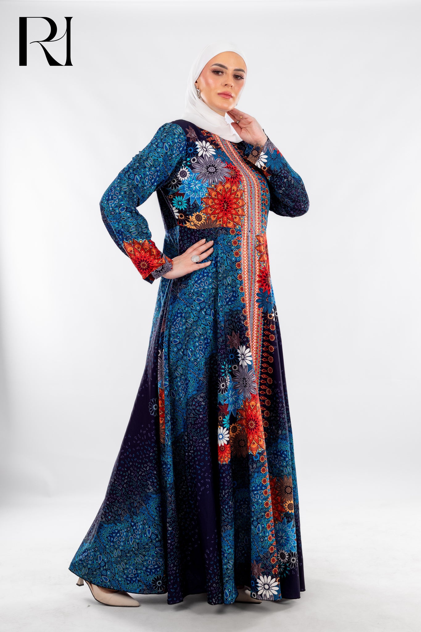 Floral Mosaic Maxi in Midnight Blue & Fiery Accents - Ruehaya