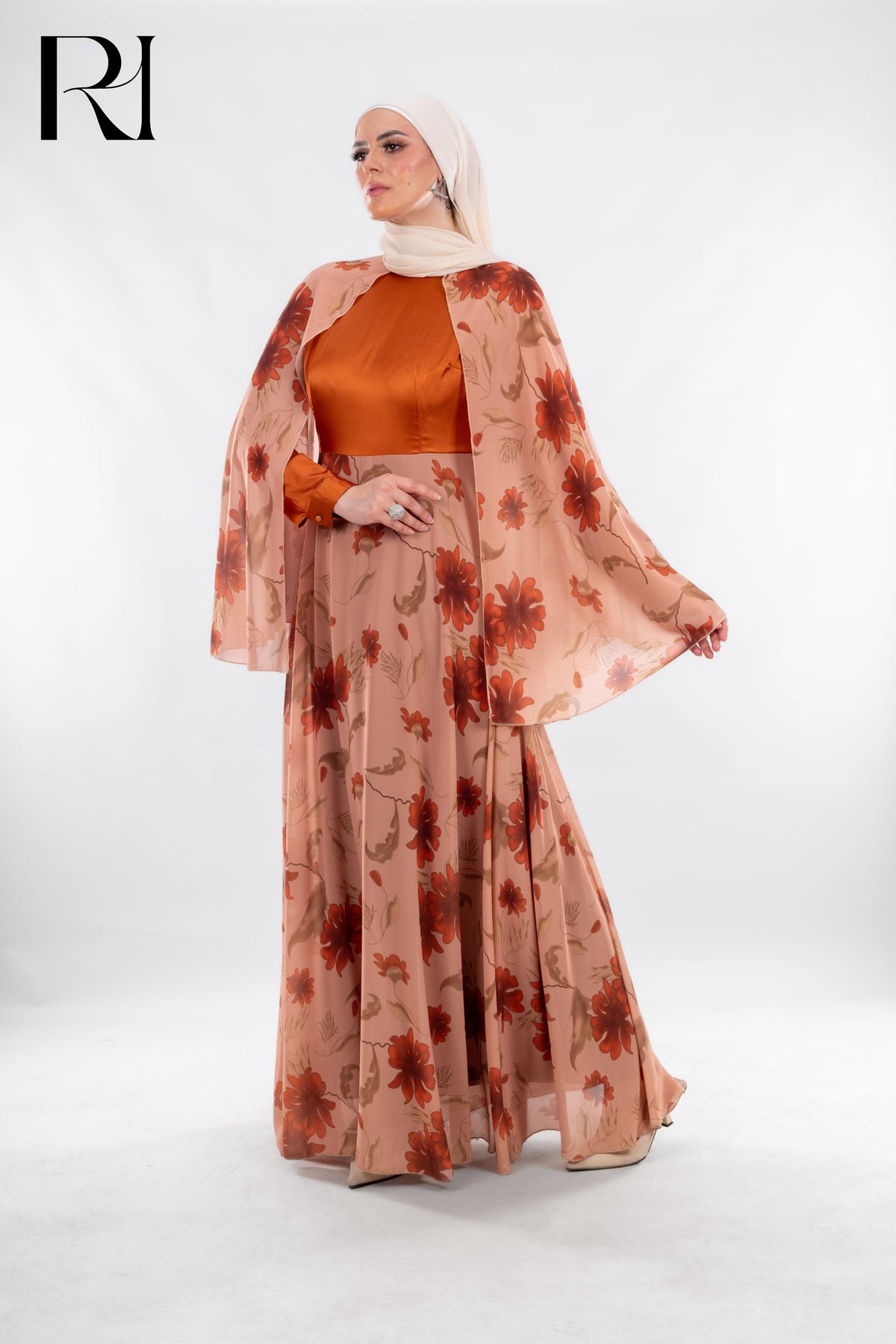orange modest dress Inas Flow Satin Base Chiffon Maxi – Burnt Floral and structured lines all Sassy Couture Jewelry SI1810E10BK Select Your Size by Height:Doctoral Gown - 5'3
