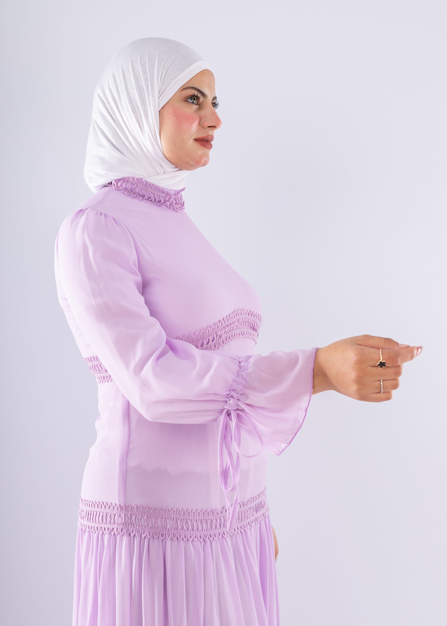 Flowing Mauve Maxi Dress with Lace Cuffs - Ruehaya