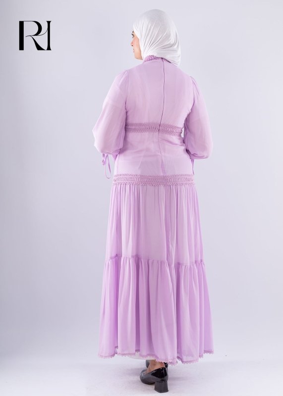 Flowing Mauve Maxi Dress with Lace Cuffs - Ruehaya
