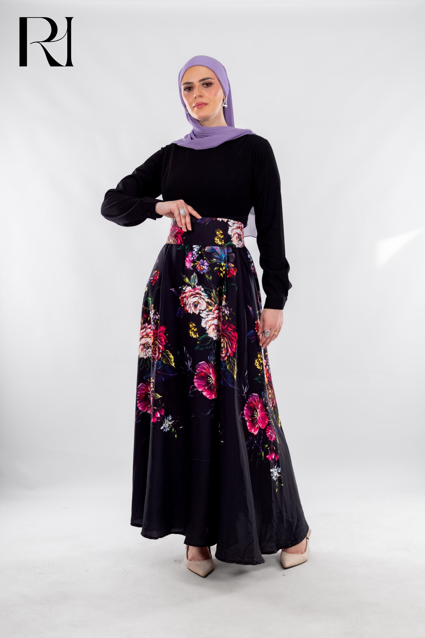 Garden After Dark, Black Ensemble with Bold Floral Elegance - Ruehaya