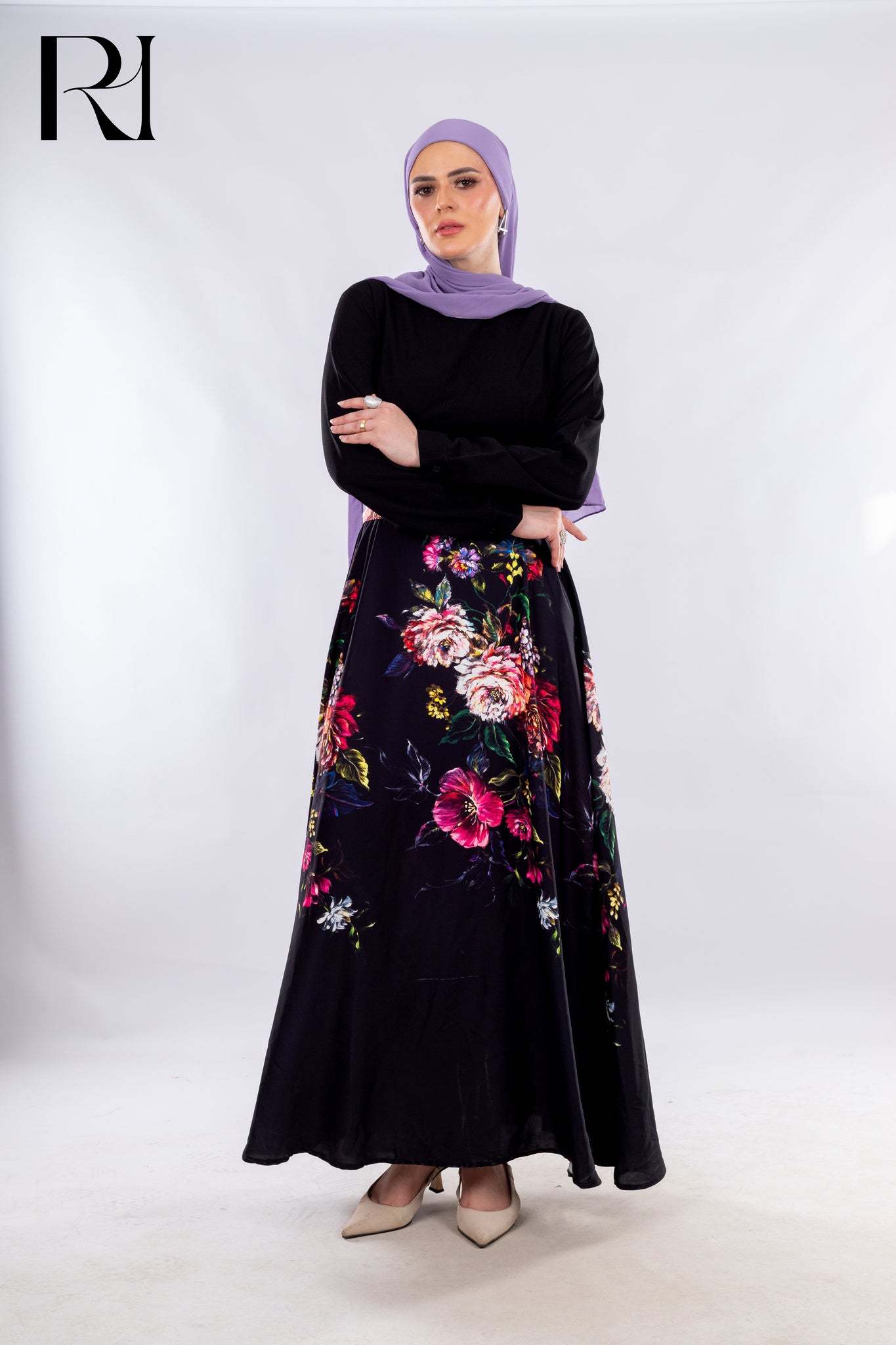 Garden After Dark, Black Ensemble with Bold Floral Elegance - Ruehaya