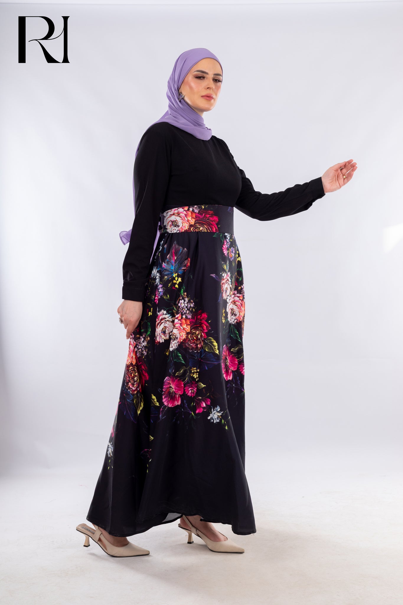 Garden After Dark, Black Ensemble with Bold Floral Elegance - Ruehaya