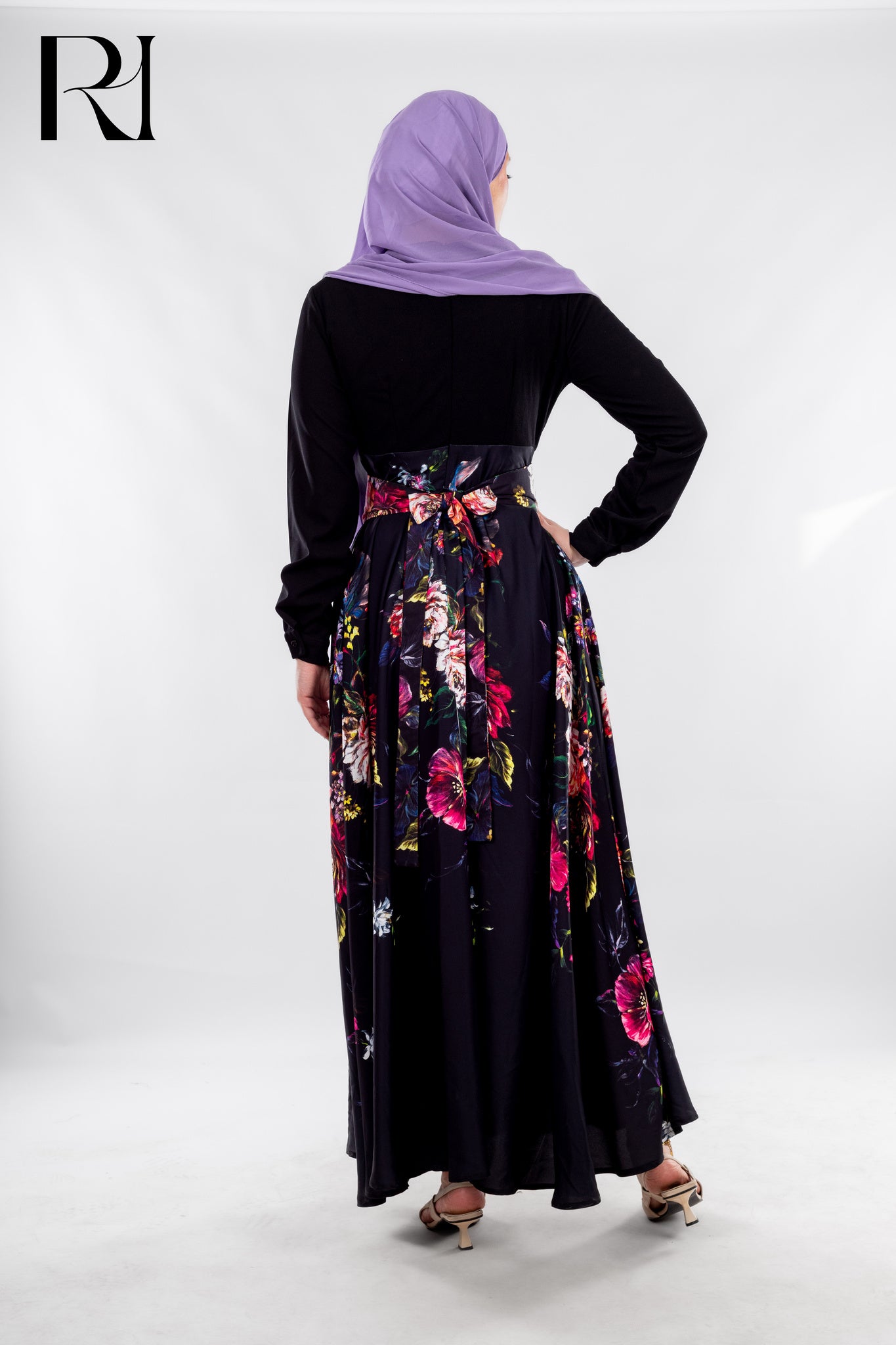 Garden After Dark, Black Ensemble with Bold Floral Elegance - Ruehaya