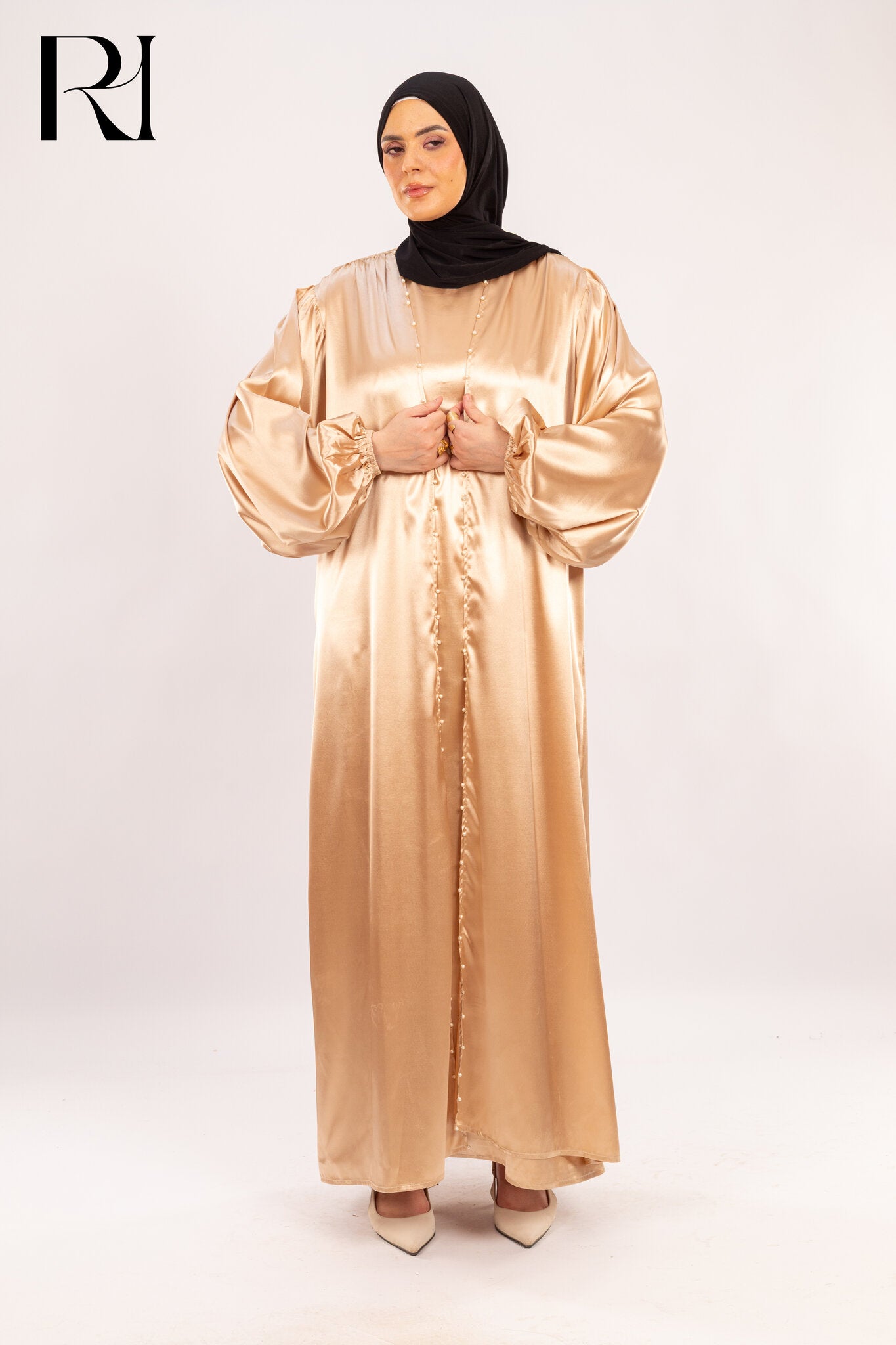 Golden Mirage Satin Radiance in Effortless Flow - Ruehaya