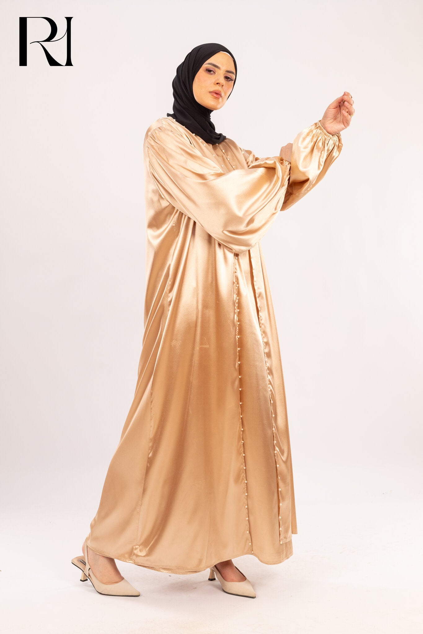 Golden Mirage Satin Radiance in Effortless Flow - Ruehaya