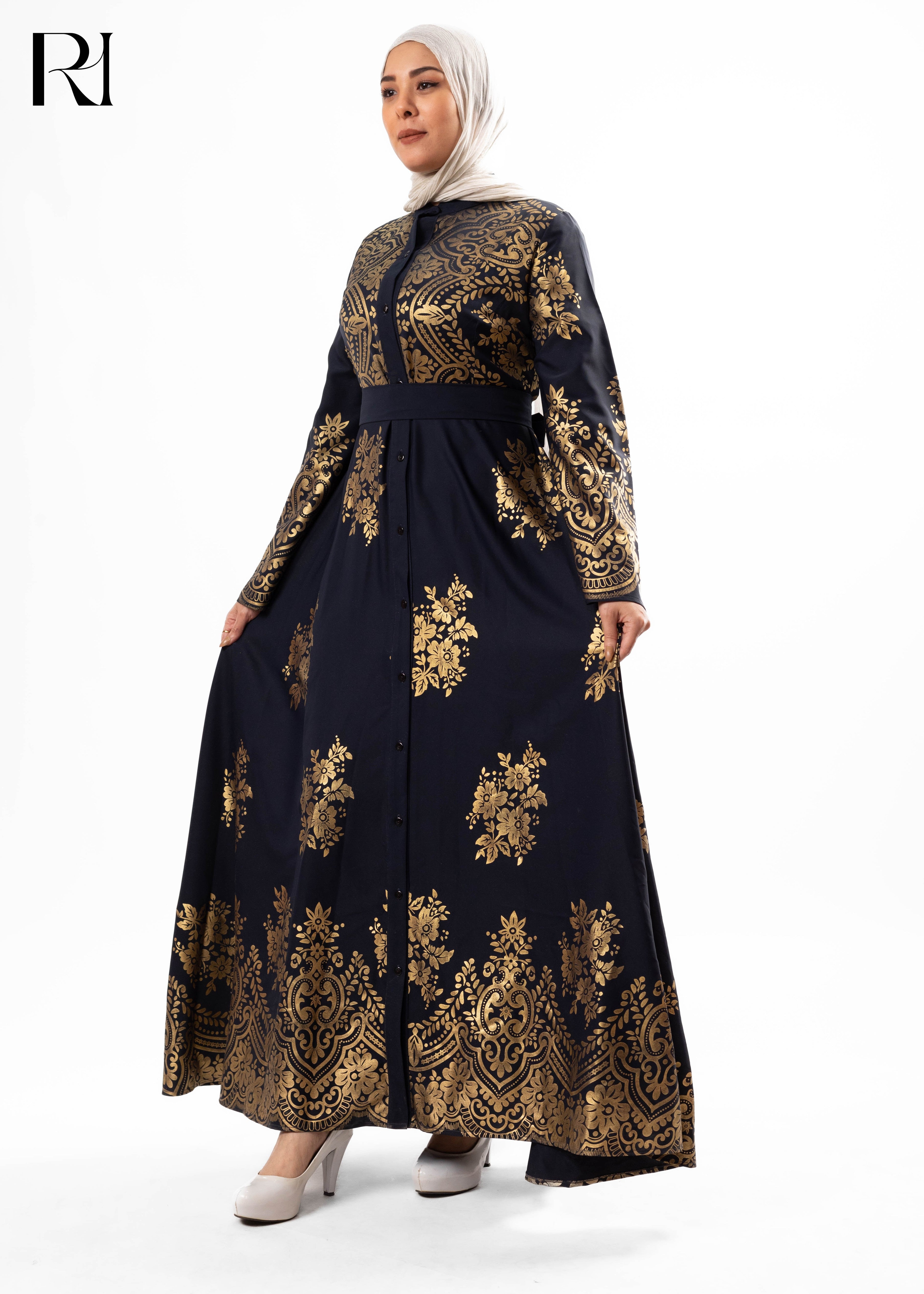 Dark Slate Blue with Gold Arabesque Button-Front Dress