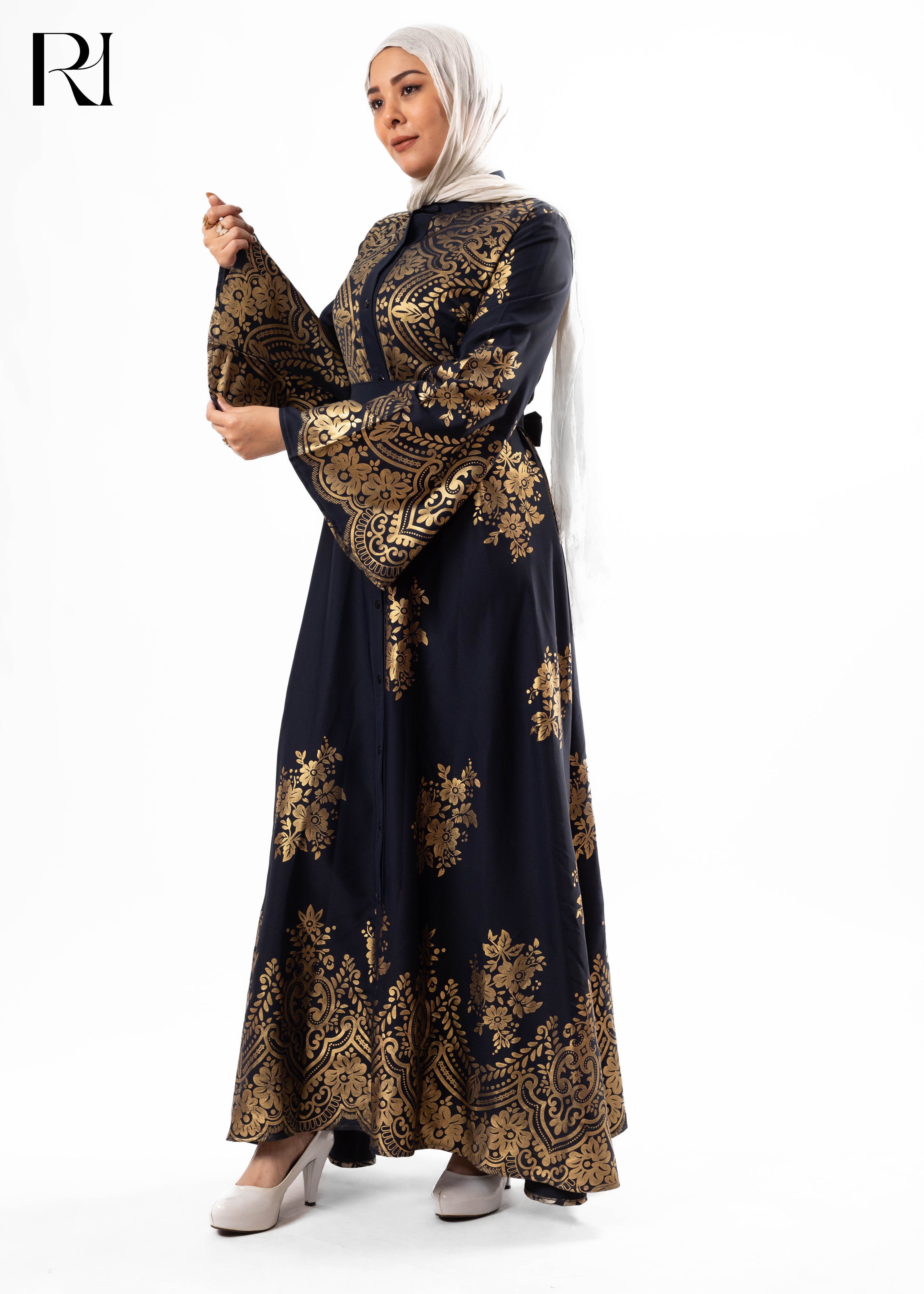 Dark Slate Blue with Gold Arabesque Button-Front Dress