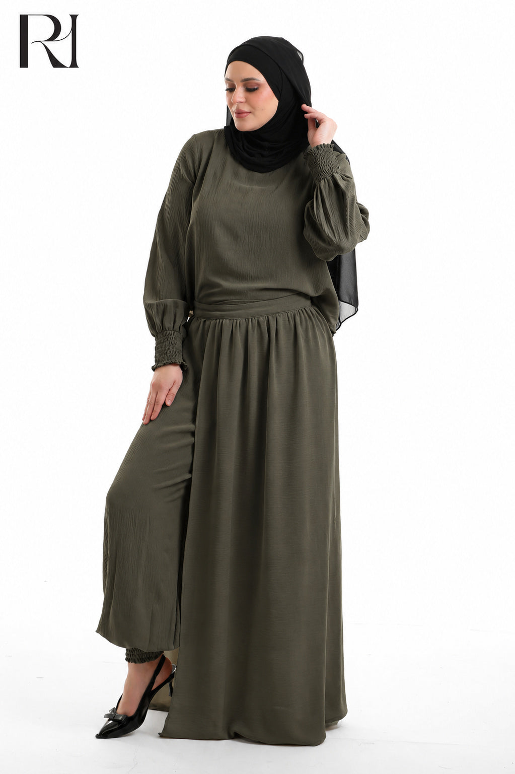 Salma Linen Blend Two Piece Set - Olive Green