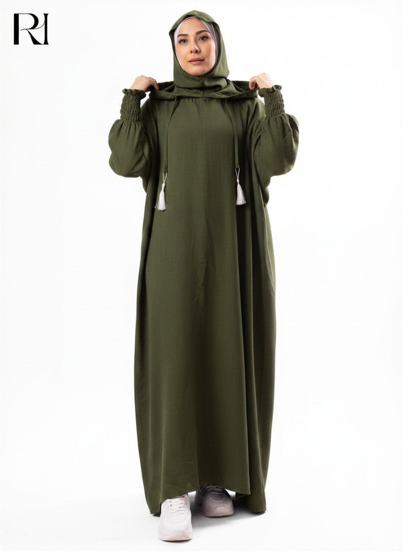 Zaynab Hooded Linen Blend Abaya – Olive green