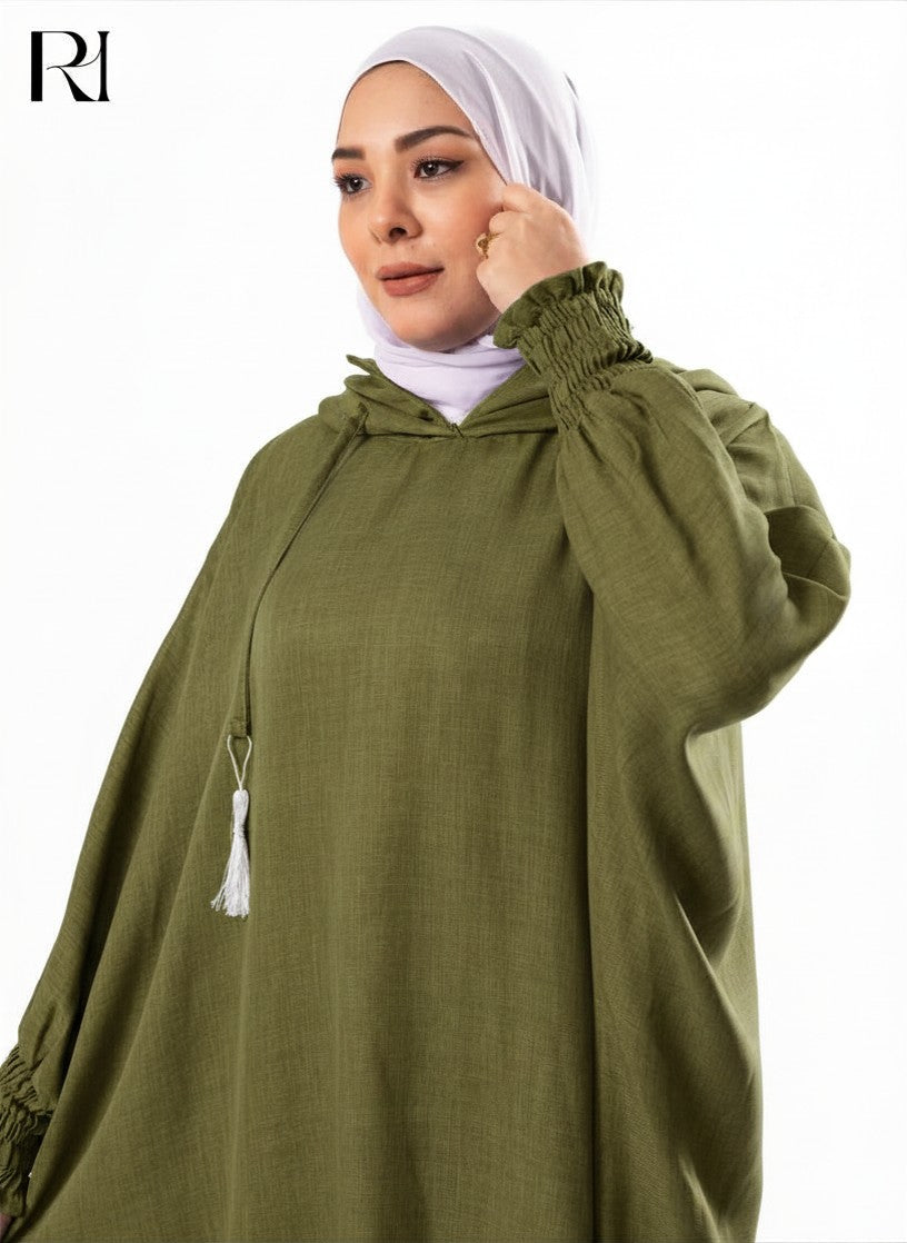 Zaynab Hooded Linen Blend Abaya – Olive green