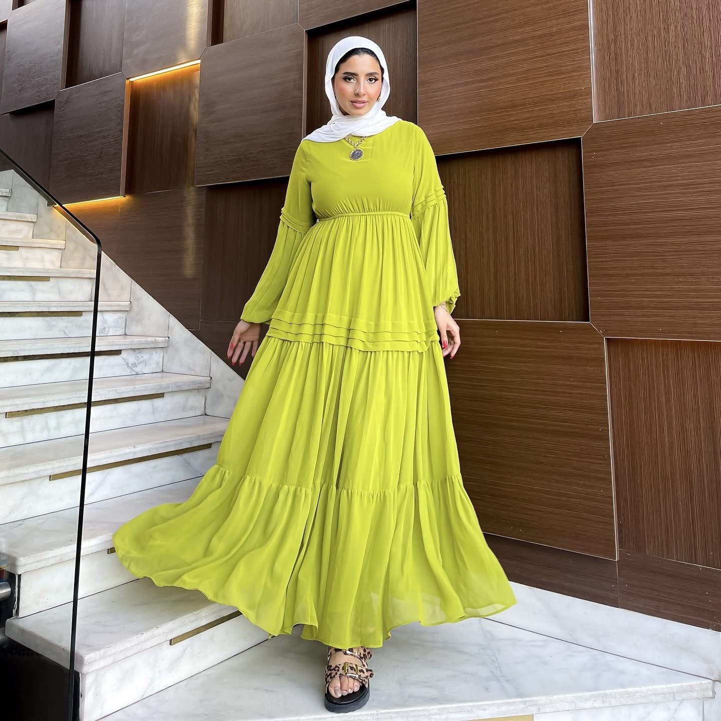 Hader Classic Long Sleeve Yellow Chiffon Dress - Ruehaya